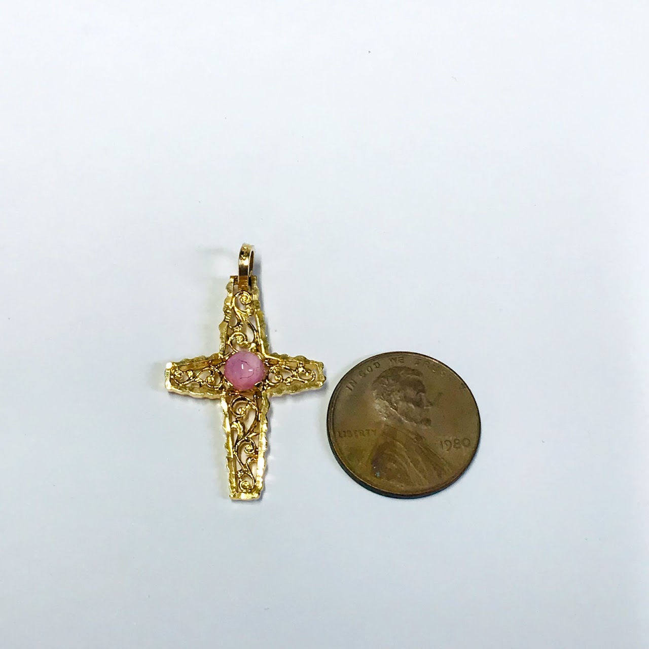 18K Gold Filigree Cross Pendant with Pink Accent