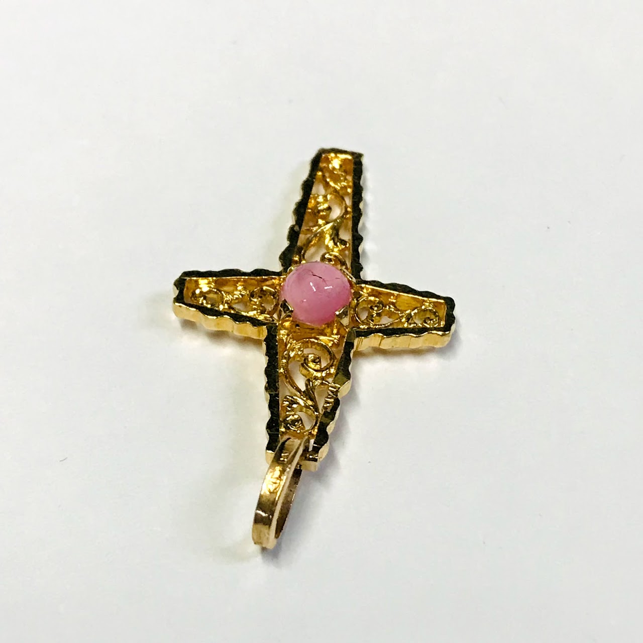 18K Gold Filigree Cross Pendant with Pink Accent