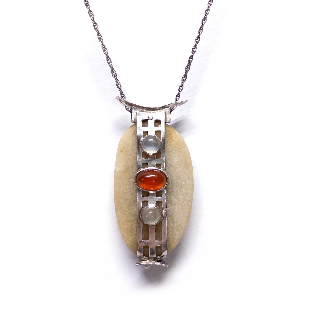 Contemporary Multi-Stone and Silver Reversible Pendant Necklace