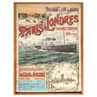 French Early 20th C. Northern Railway Paris to London Maritime Crossing Lithograph Poster