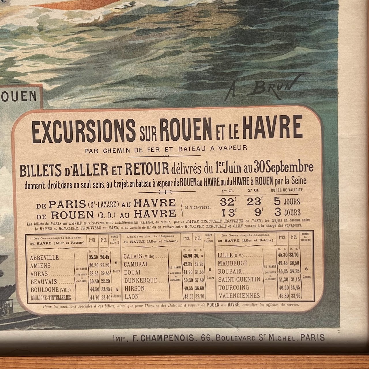French Late 19th C. Northern Railway London to Havre via Rouen Lithograph Poster