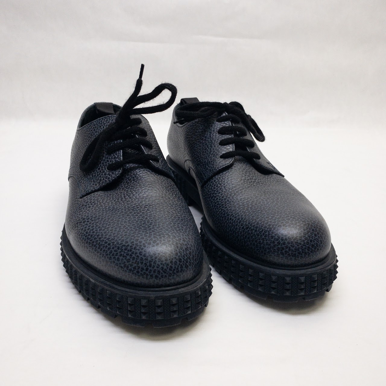 Valentino Navy Blue Pebbled Leather Rockstud Derby Shoes