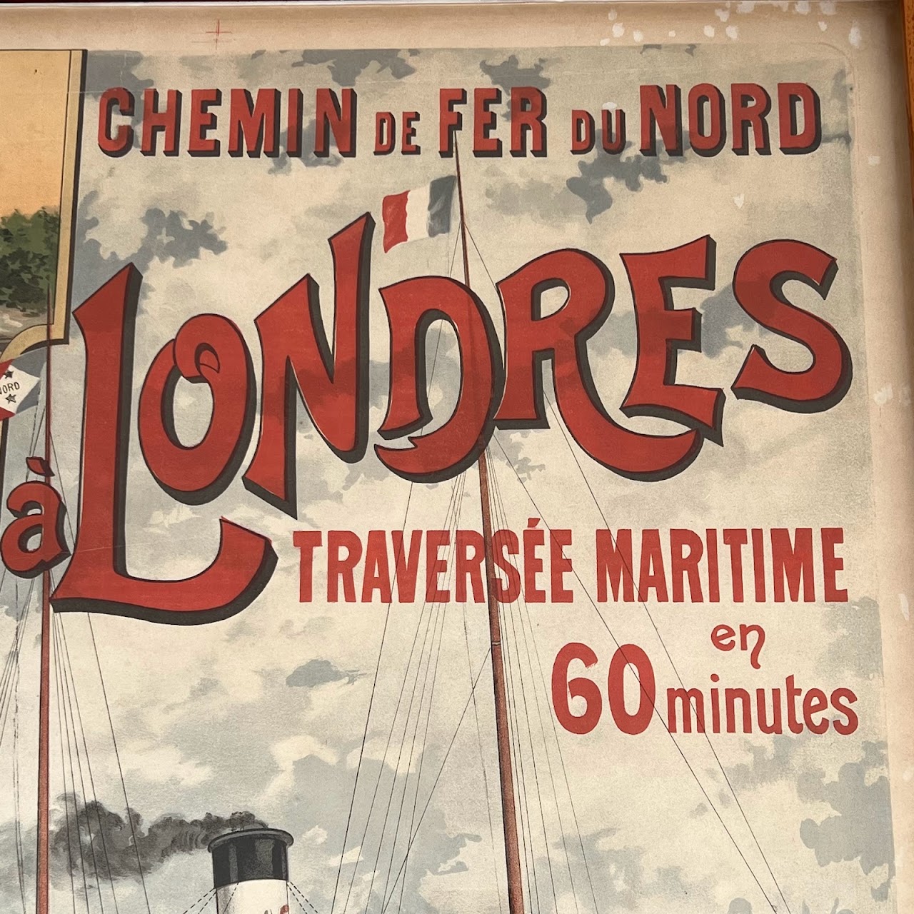 French Early 20th C. Northern Railway Paris to London Maritime Crossing Lithograph Poster