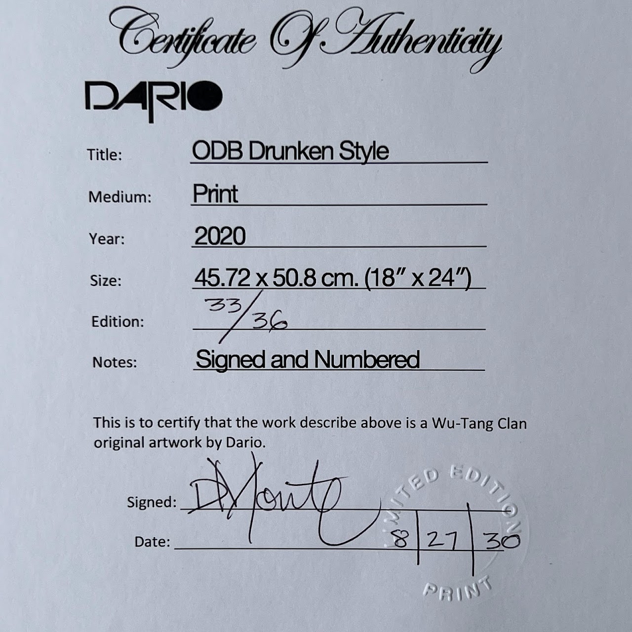 Dario 'ODB Drunken Style' Signed Limited Edition Silkscreen