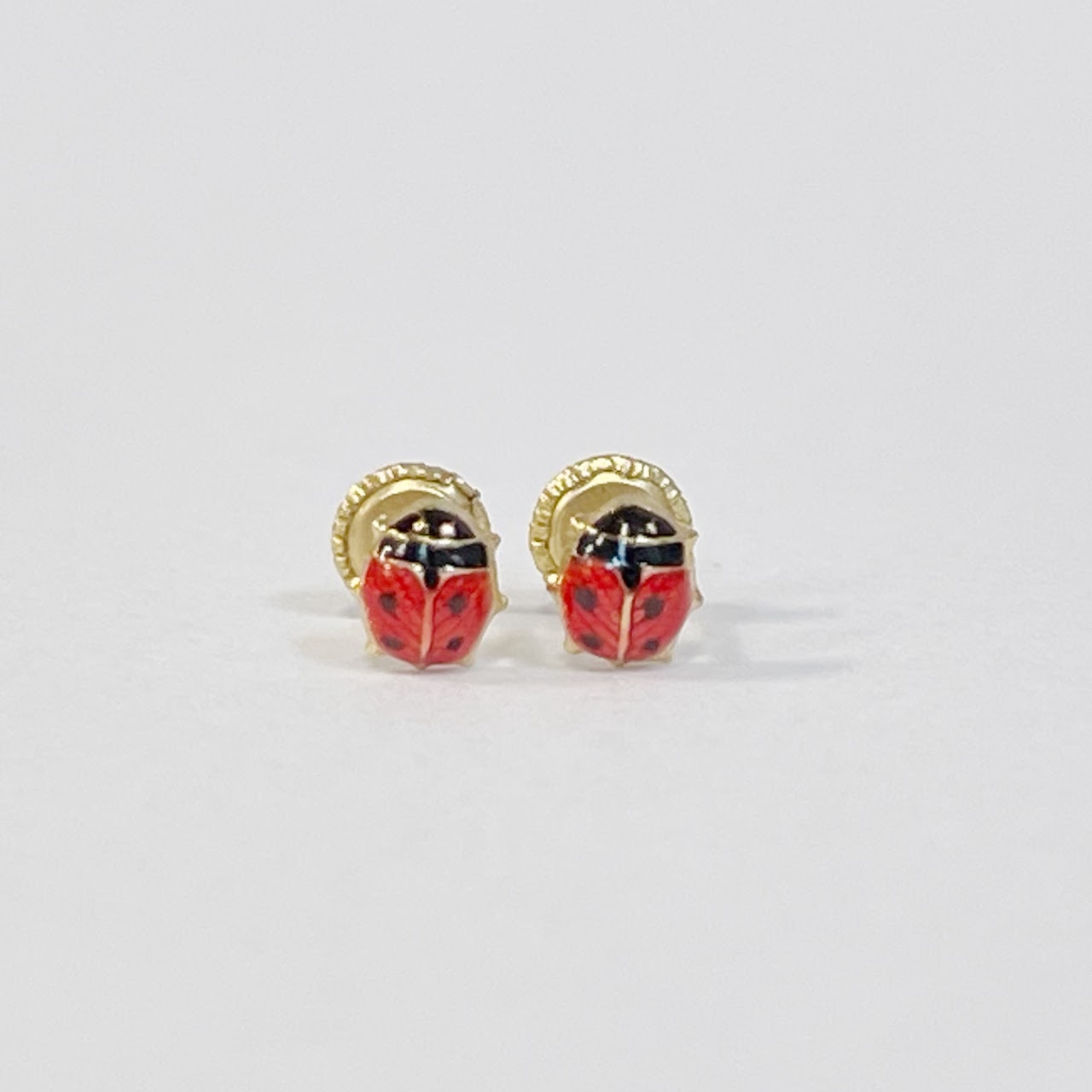 14K Gold Enameled Ladybug Earrings