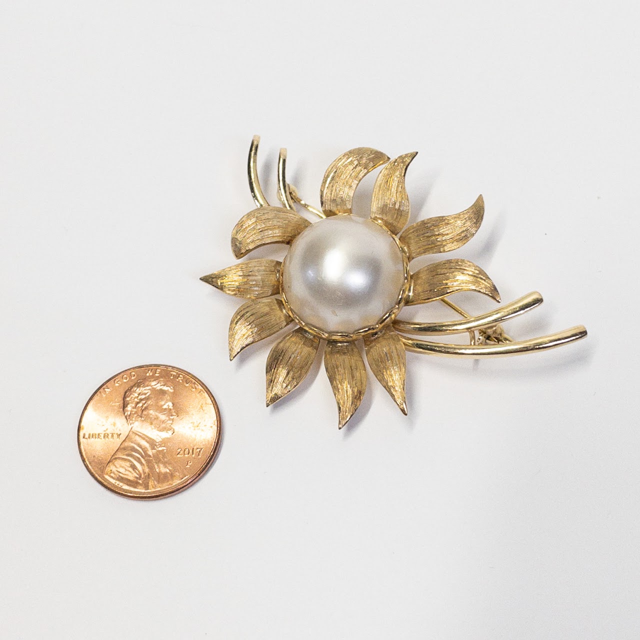 14K Gold & Pearl Sunflower Brooch