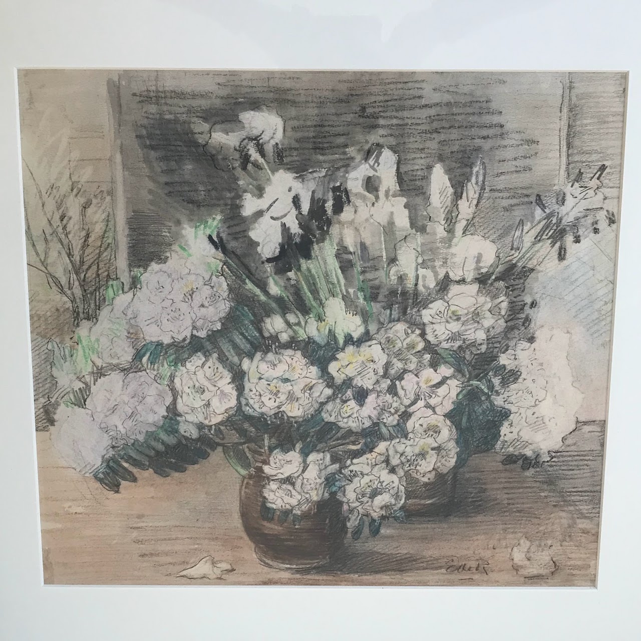 Graphite & Colored Pencil Signed Mountain Laurel Still Life Drawing