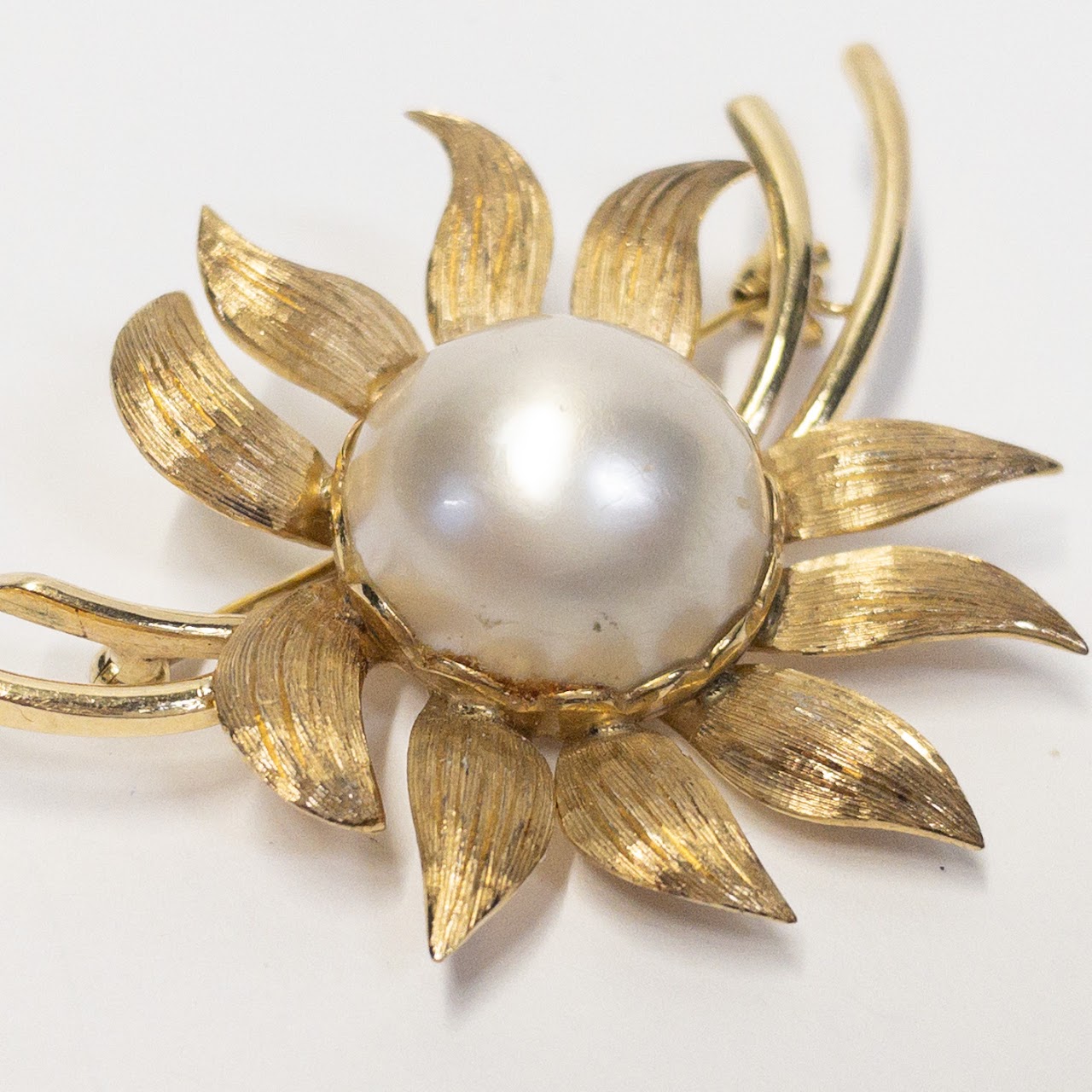 14K Gold & Pearl Sunflower Brooch