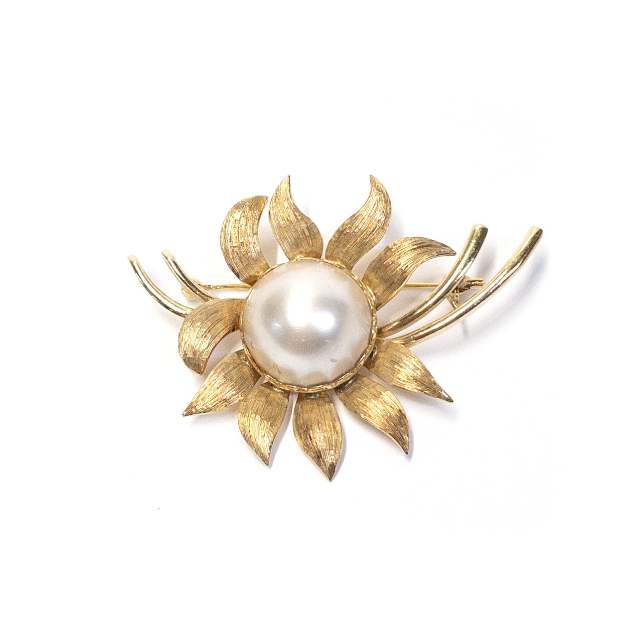 14K Gold & Pearl Sunflower Brooch