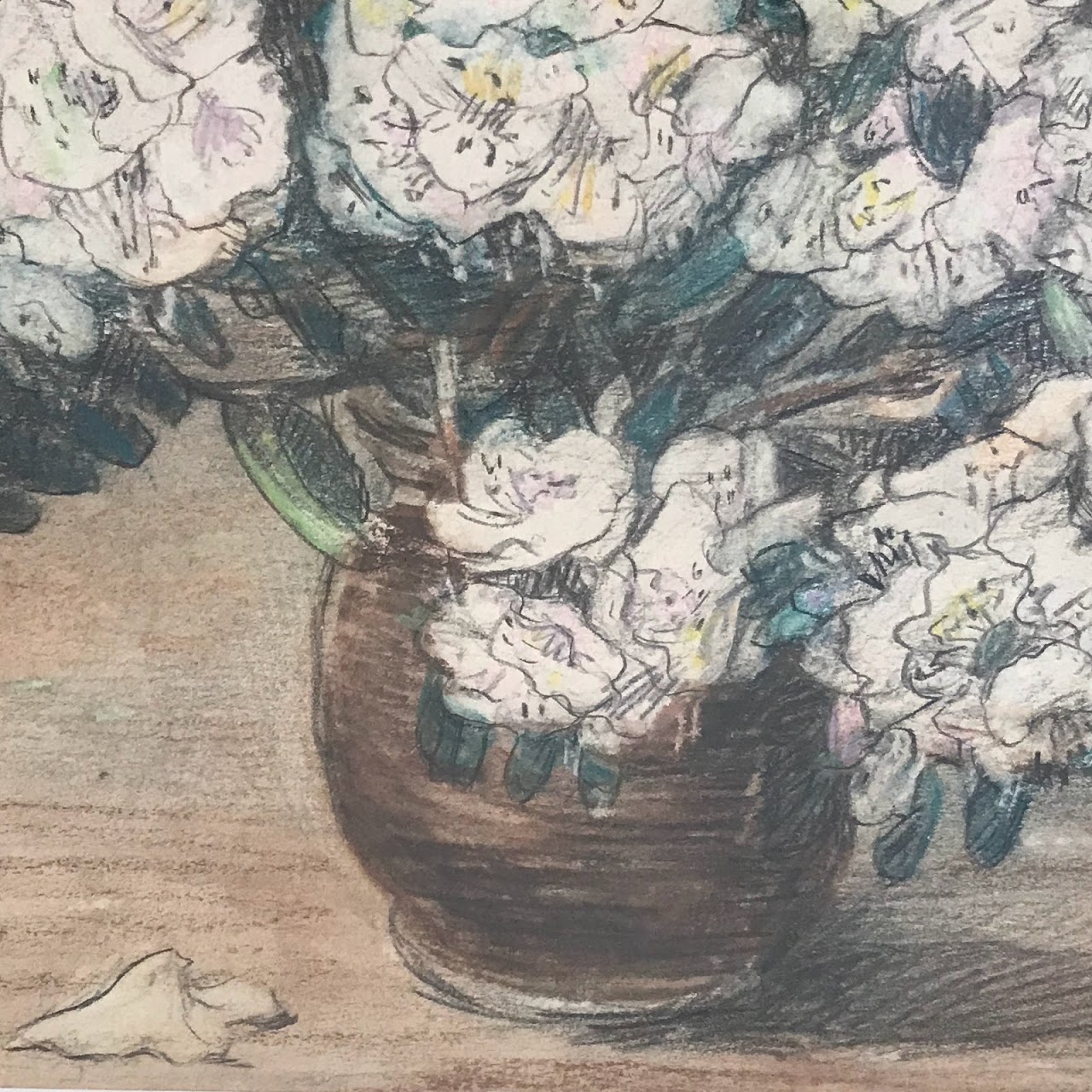 Graphite & Colored Pencil Signed Mountain Laurel Still Life Drawing