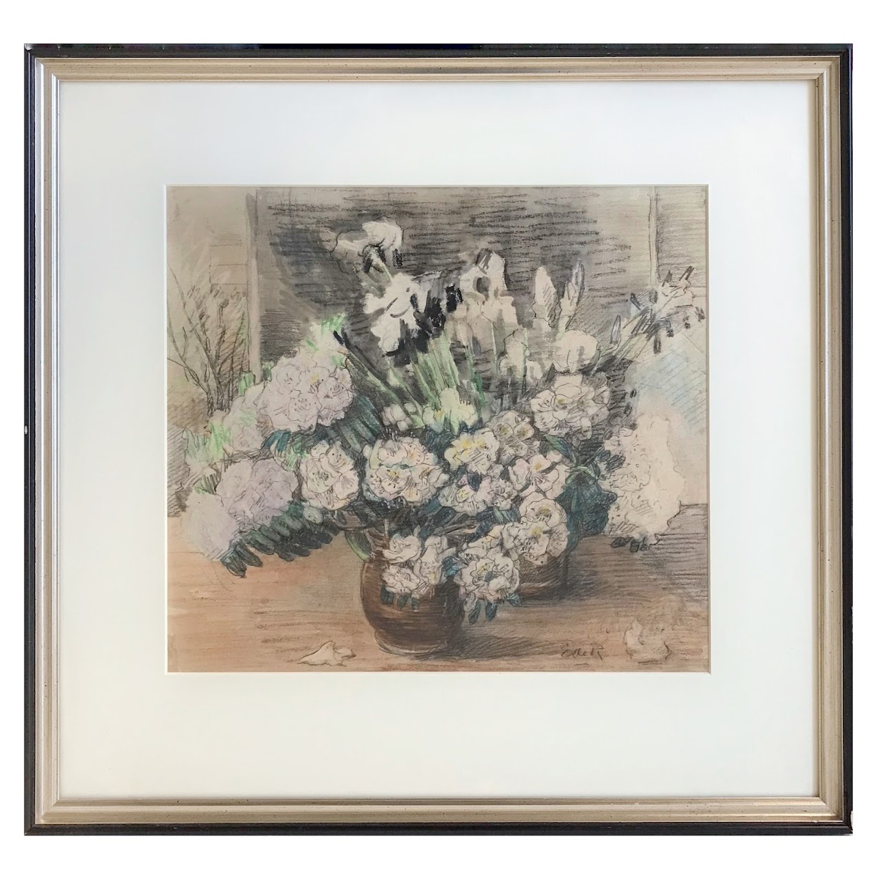 Graphite & Colored Pencil Signed Mountain Laurel Still Life Drawing