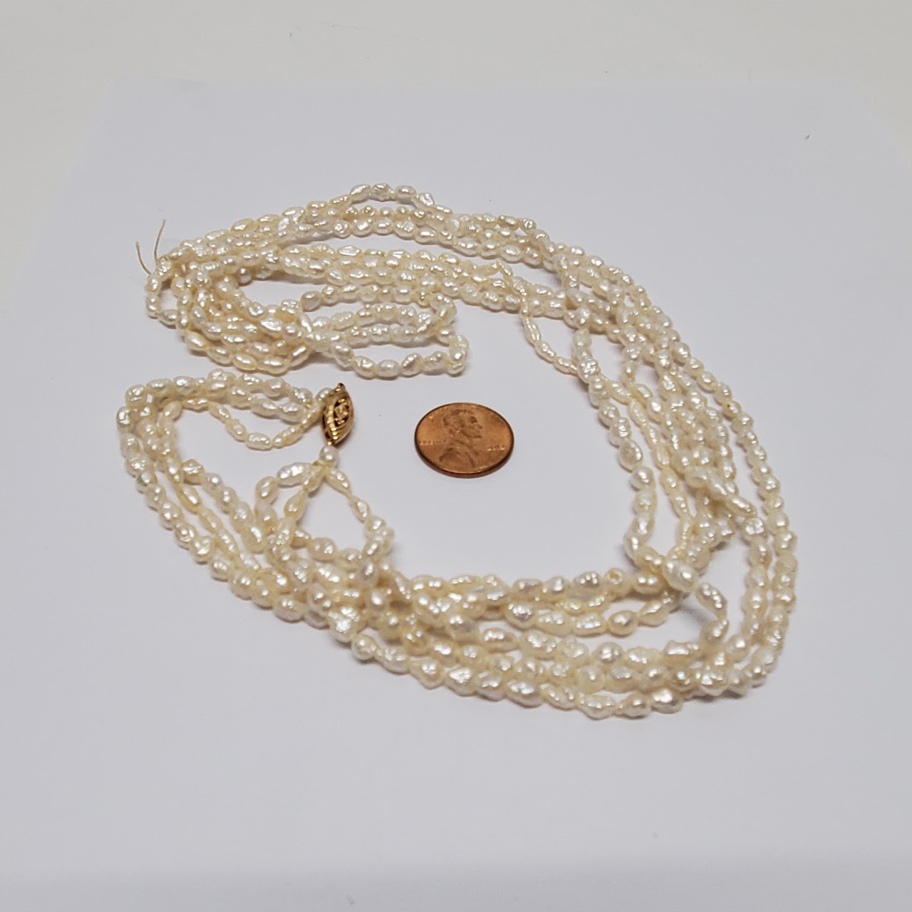 14K Gold & Seed Pearl Triple Strand Necklace NEEDS REPAIR