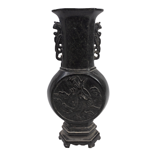 Asian Carved Soapstone Dragon and Crane Vase