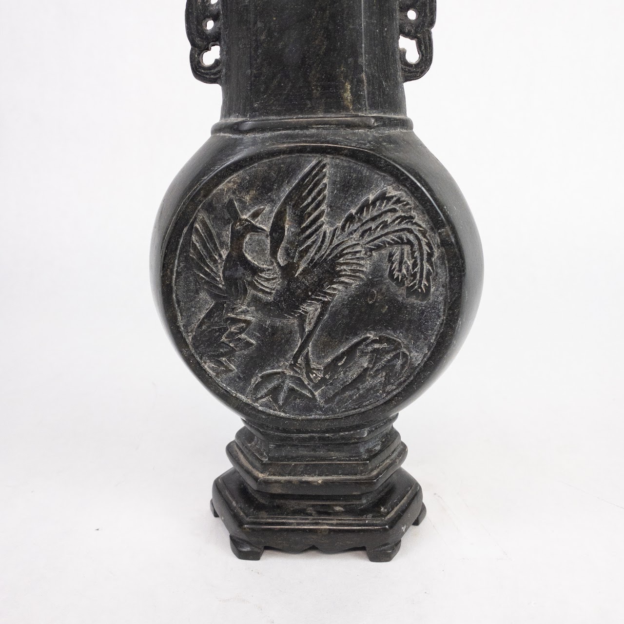 Asian Carved Soapstone Dragon and Crane Vase