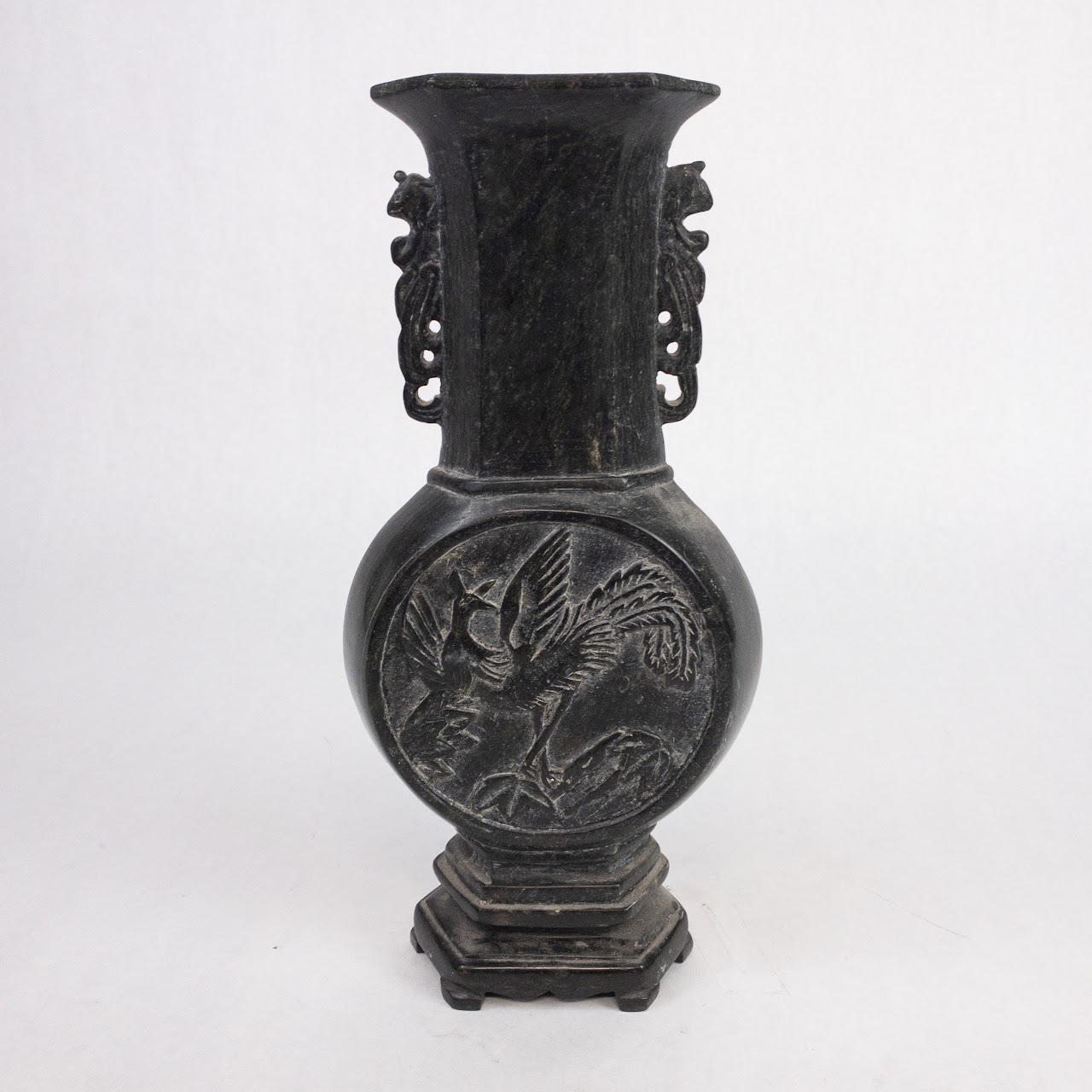 Asian Carved Soapstone Dragon and Crane Vase