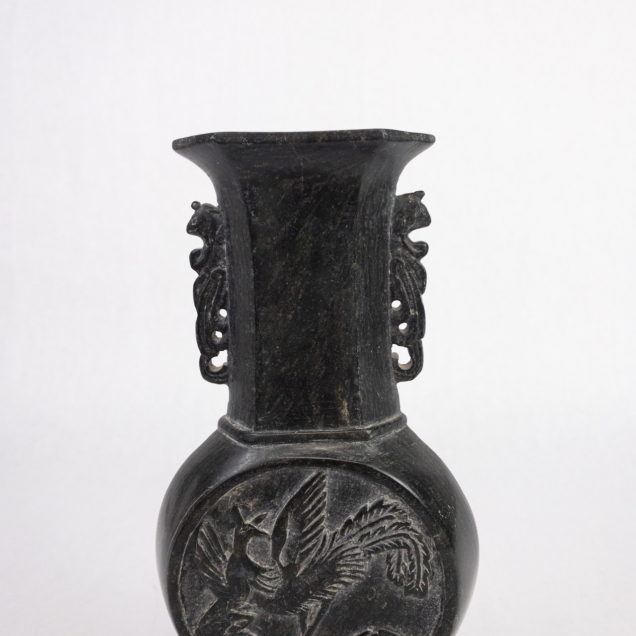 Asian Carved Soapstone Dragon and Crane Vase