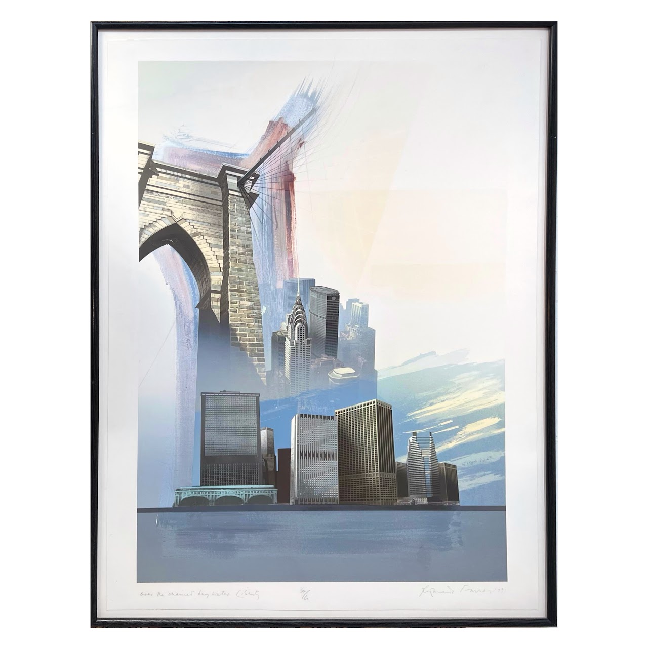 Brooklyn Bridge, Manhattan Skyline Signed Large Scale Lithograph