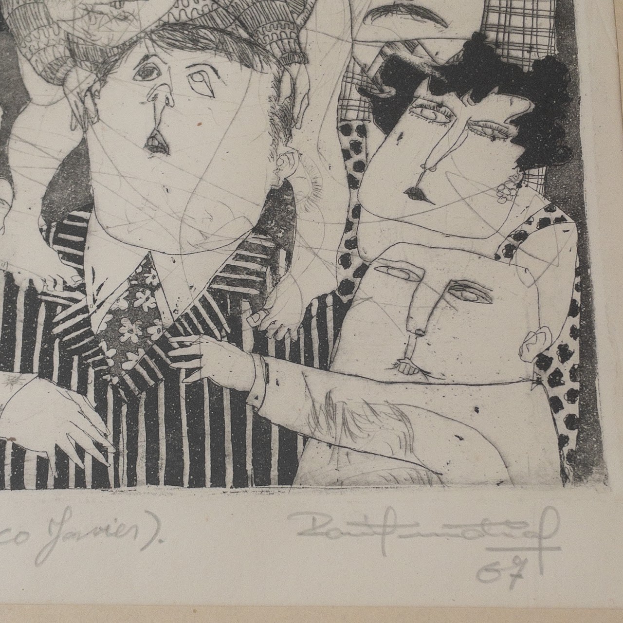 Signed 1960s Figural Group Etching