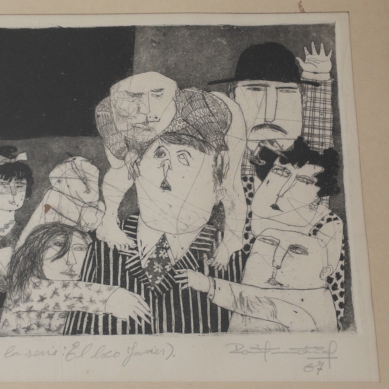 Signed 1960s Figural Group Etching