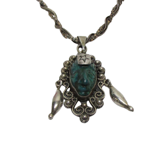 Sterling Silver & Malachite Aztec Mask Pendant Necklace