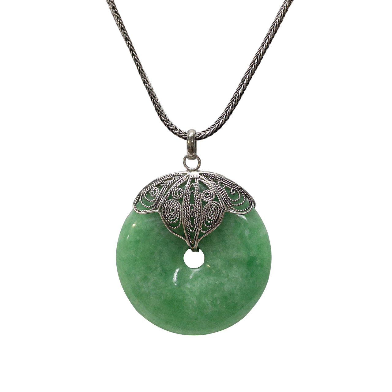 Sterling Silver & Jade Disc Pendant Necklace