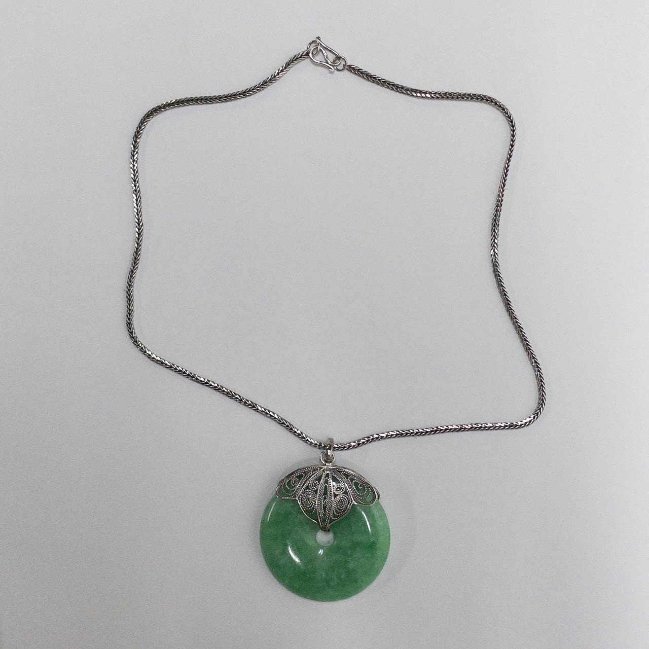 Sterling Silver & Jade Disc Pendant Necklace