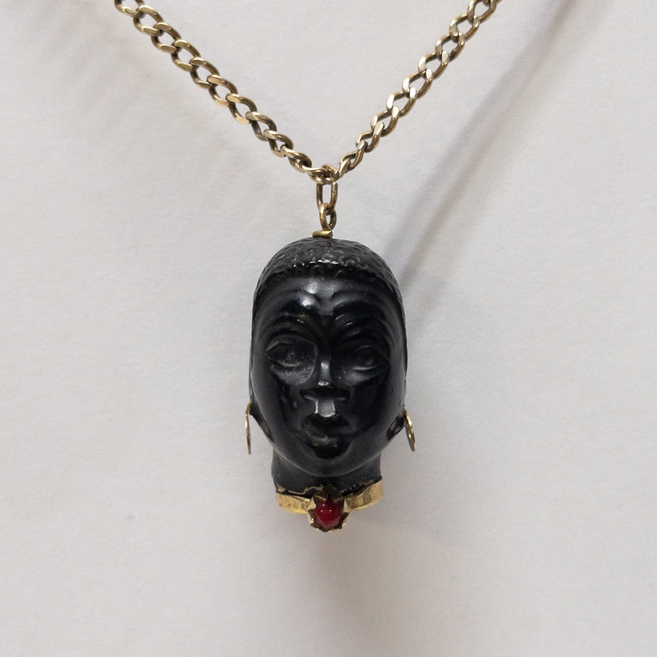 14K Gold Carved Ebony Head Pendant Necklace