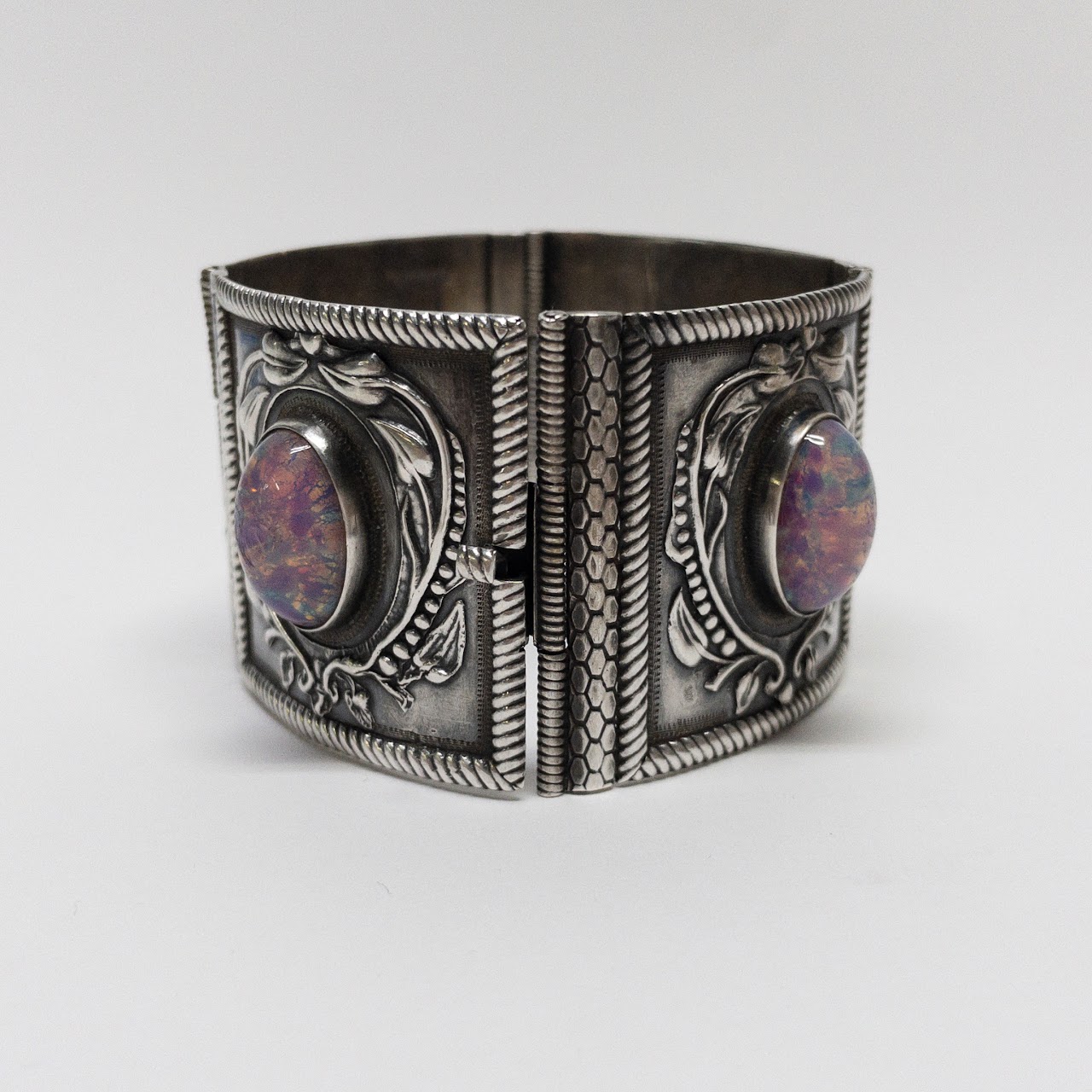 Silver & Pink Glass Hinged Bangle Bracelet
