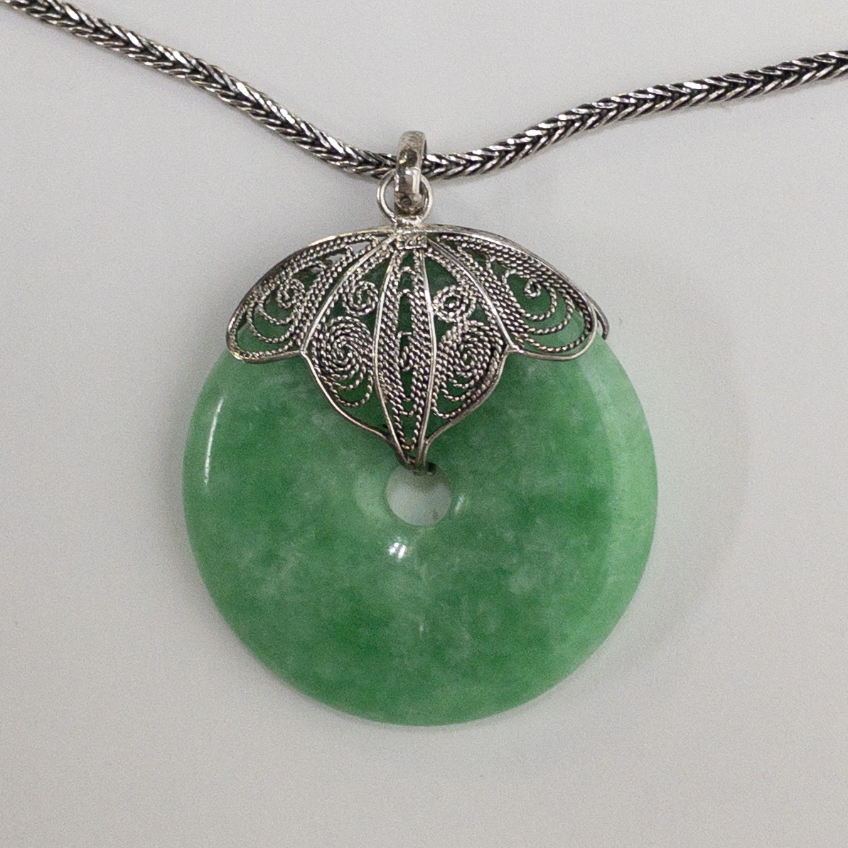Sterling Silver & Jade Disc Pendant Necklace