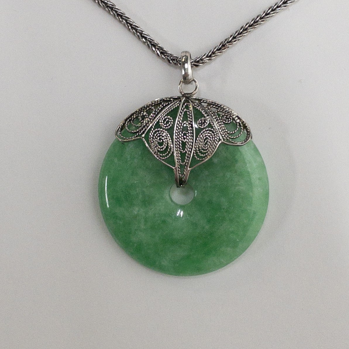 Sterling Silver & Jade Disc Pendant Necklace