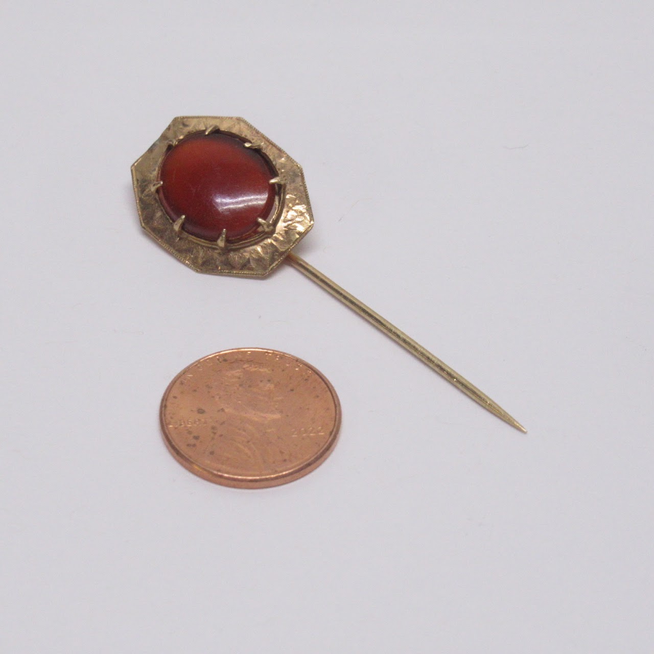 14K Gold & Red Cabochon Brooch