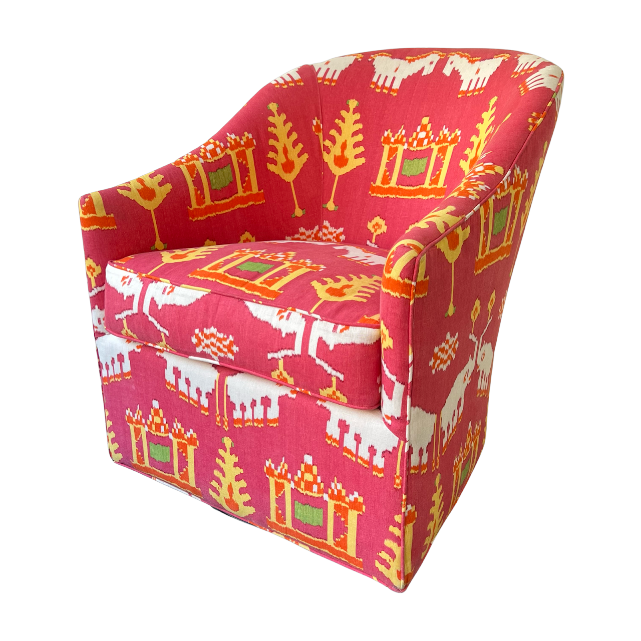 Ikat Upholstered Swivel Shelter-Back Chair