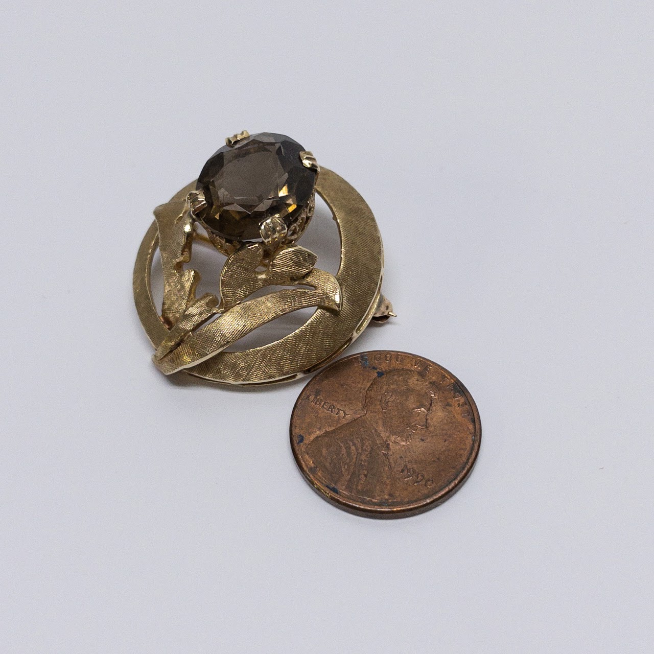 14K Gold & Smoky Quartz Brooch