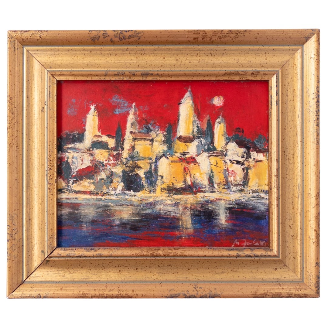 Cityscape and Reflection Signed Expressionist Style Oil Painting