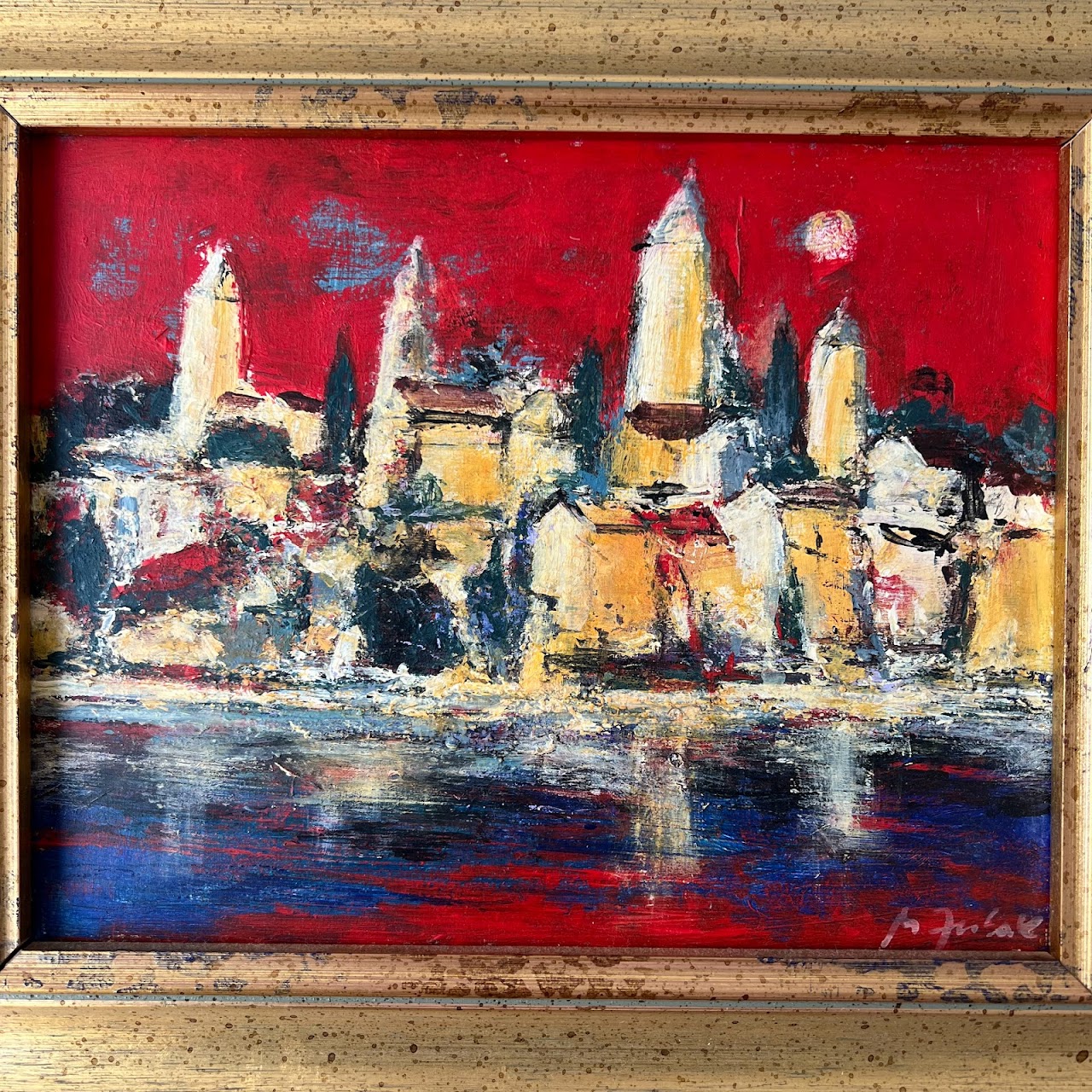 Cityscape and Reflection Signed Expressionist Style Oil Painting