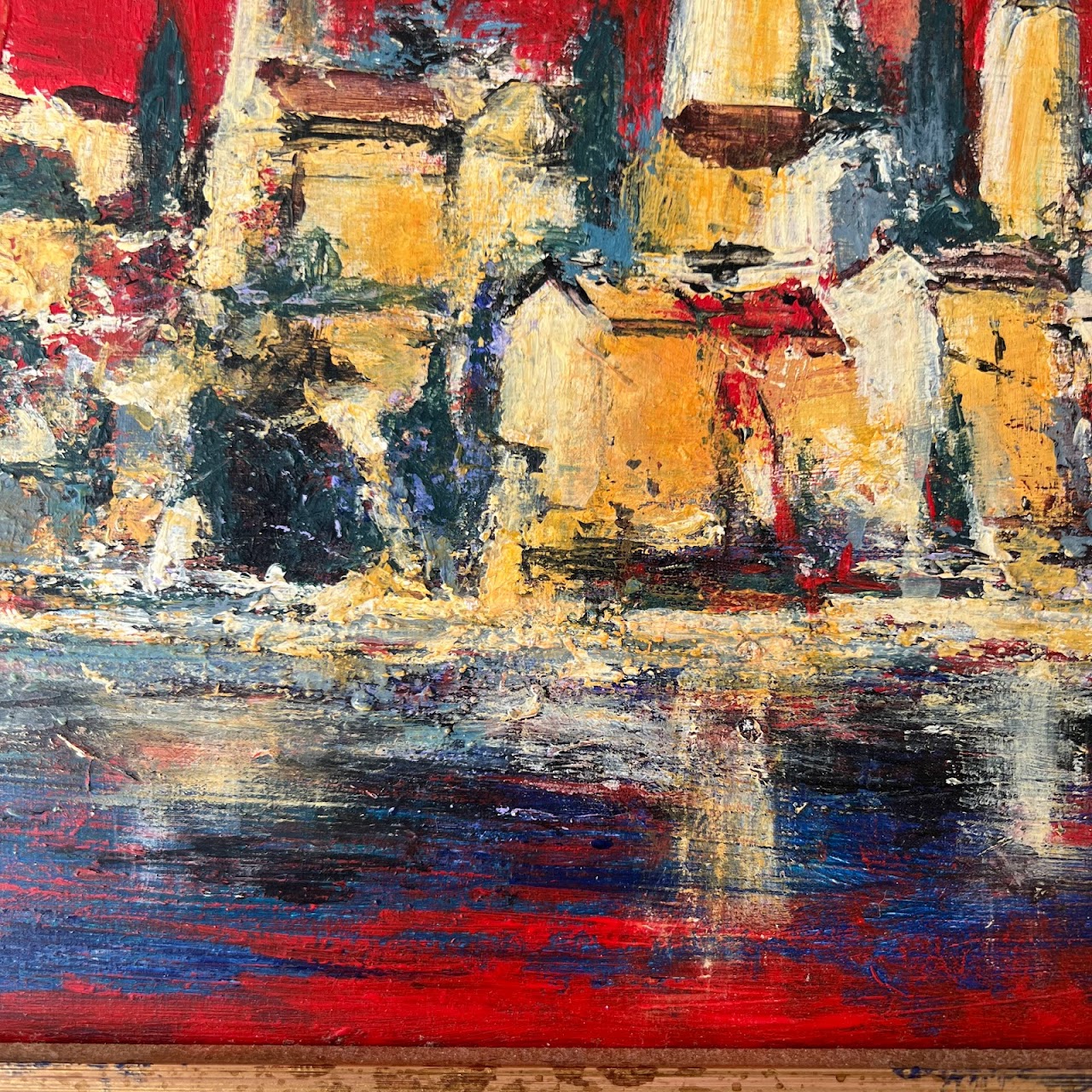 Cityscape and Reflection Signed Expressionist Style Oil Painting