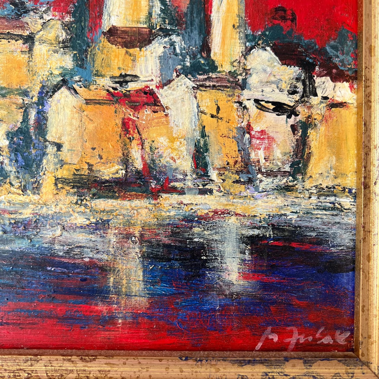 Cityscape and Reflection Signed Expressionist Style Oil Painting