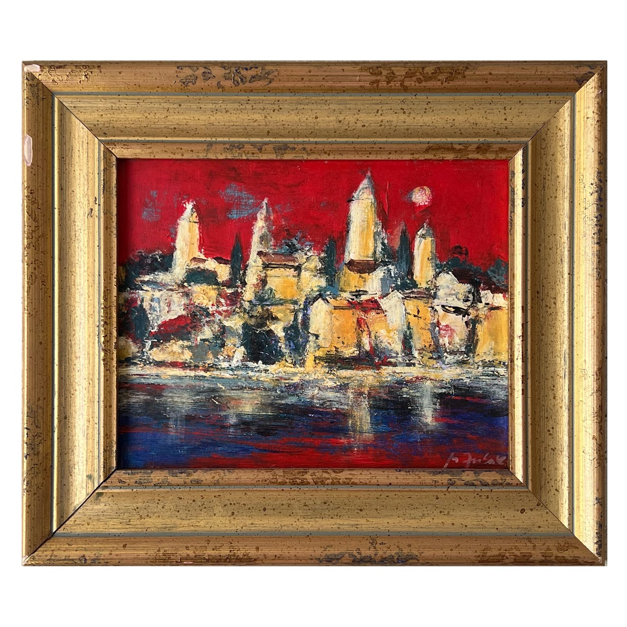 Cityscape and Reflection Signed Expressionist Style Oil Painting