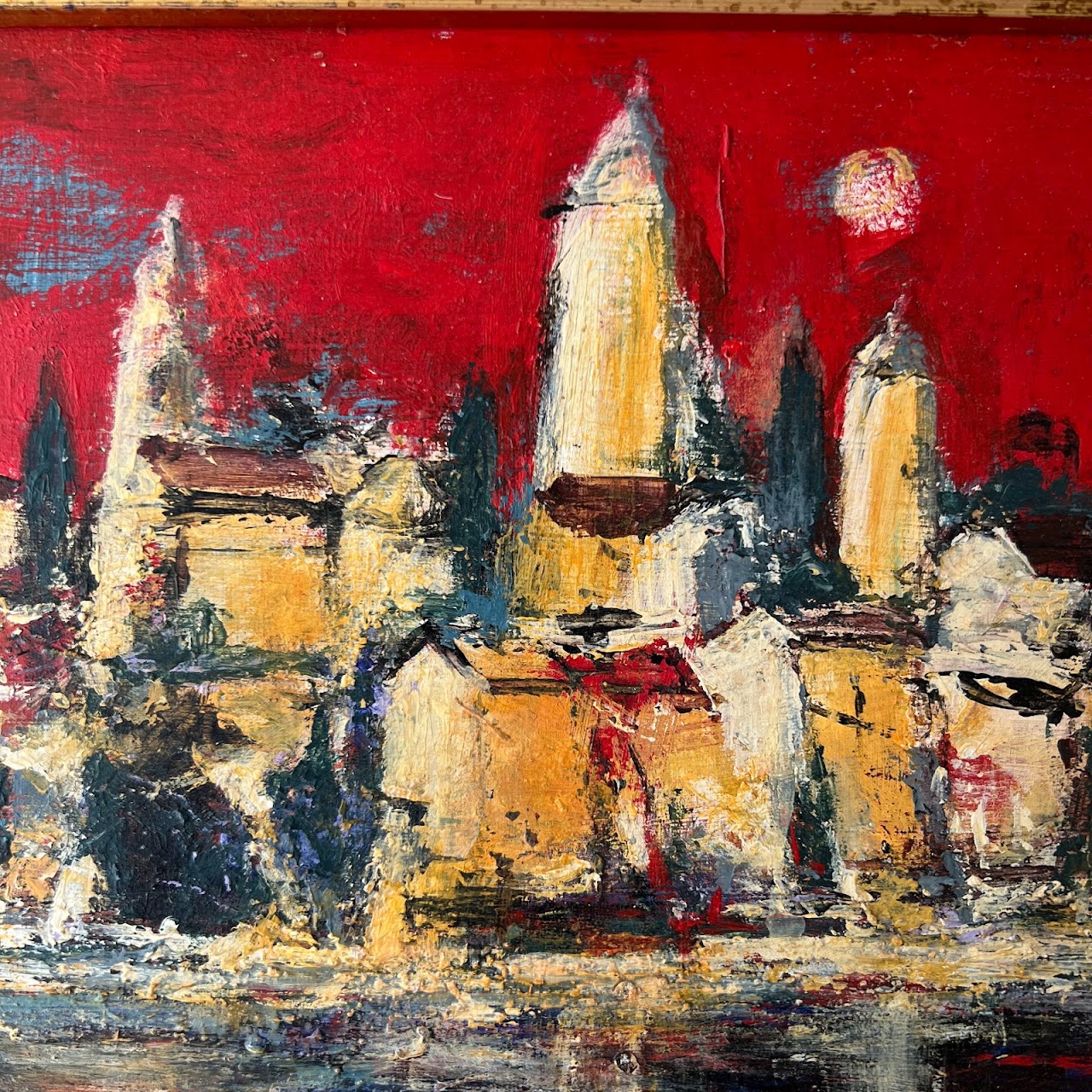 Cityscape and Reflection Signed Expressionist Style Oil Painting