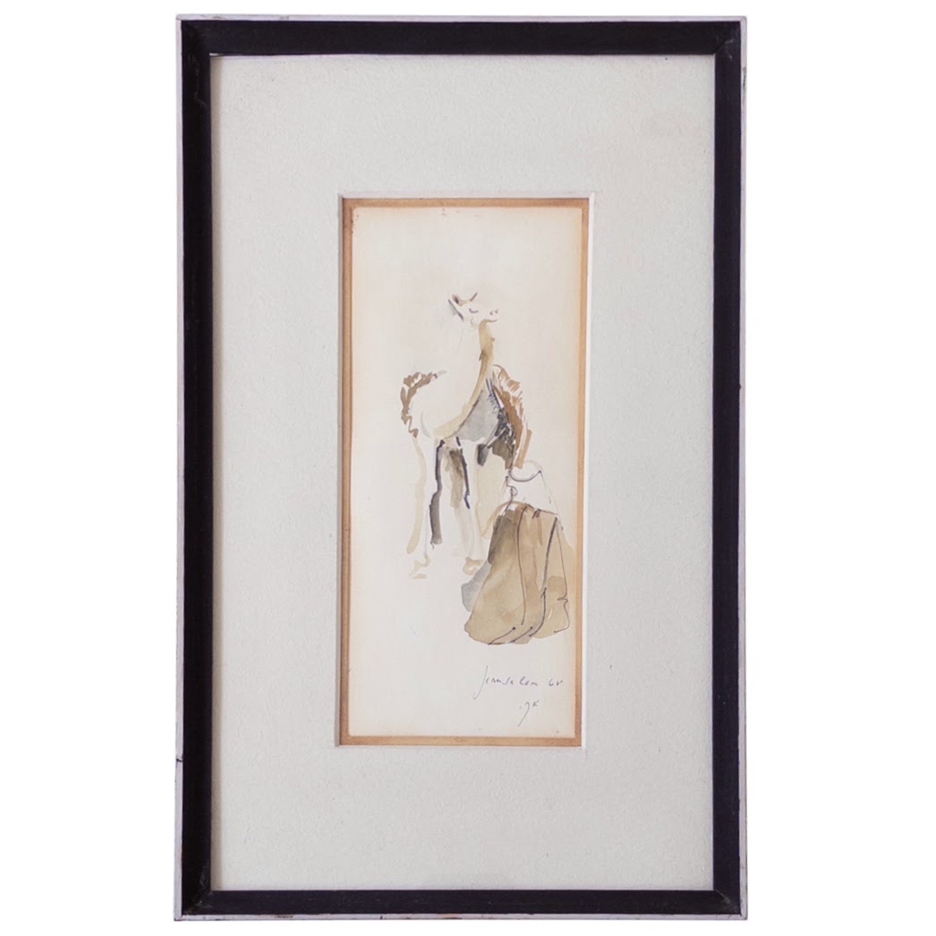 Camel and Rider Mid-Century Ink and Watercolor Painting