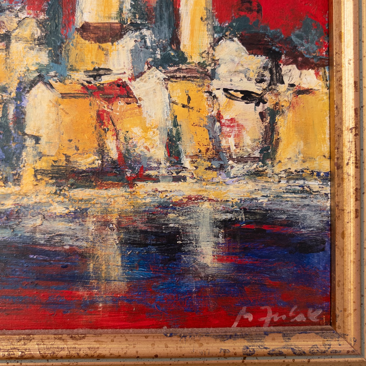 Cityscape and Reflection Signed Expressionist Style Oil Painting