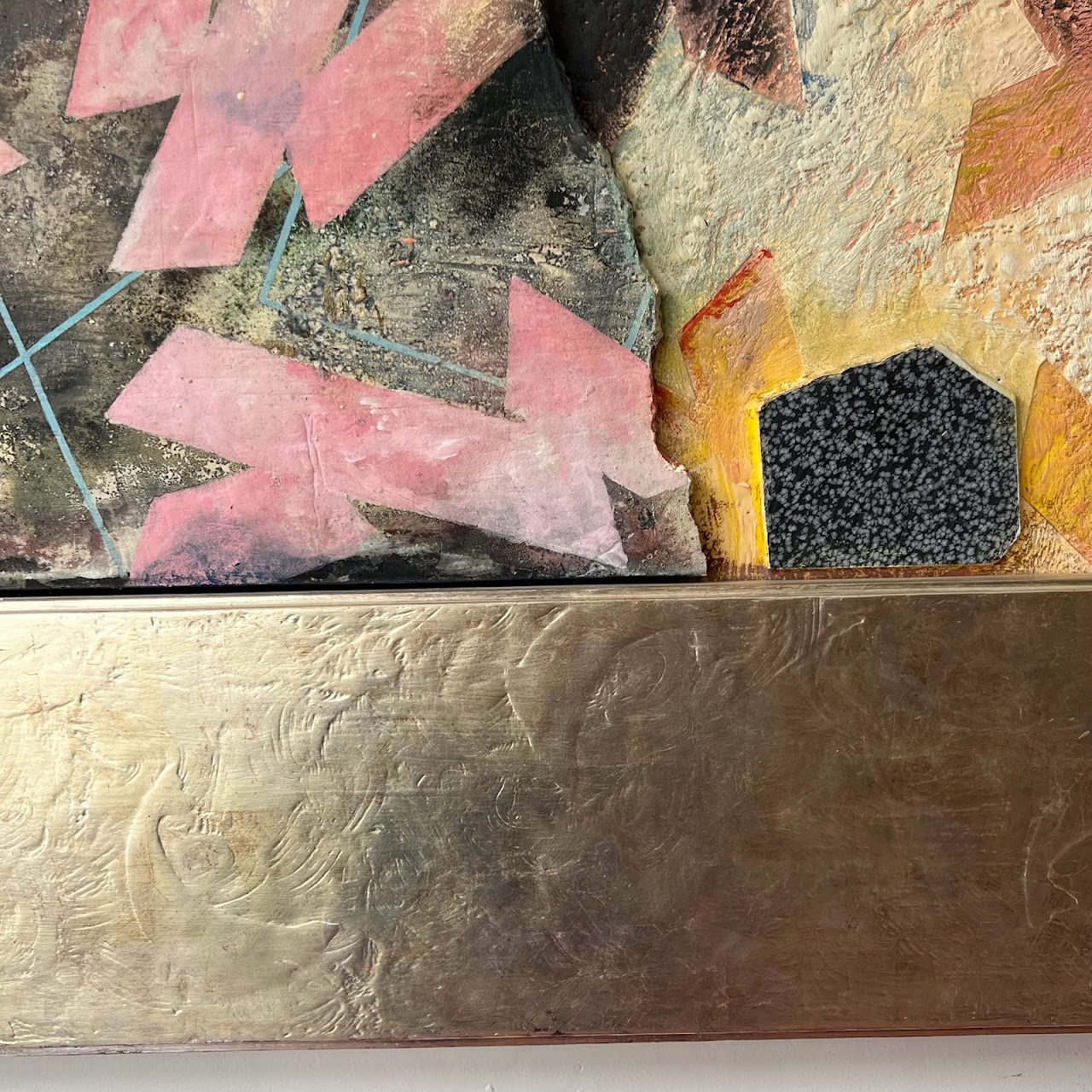 Postmodern Oil, Ceramic, Wood and Silver Leaf Mixed Media Hanging Sculpture