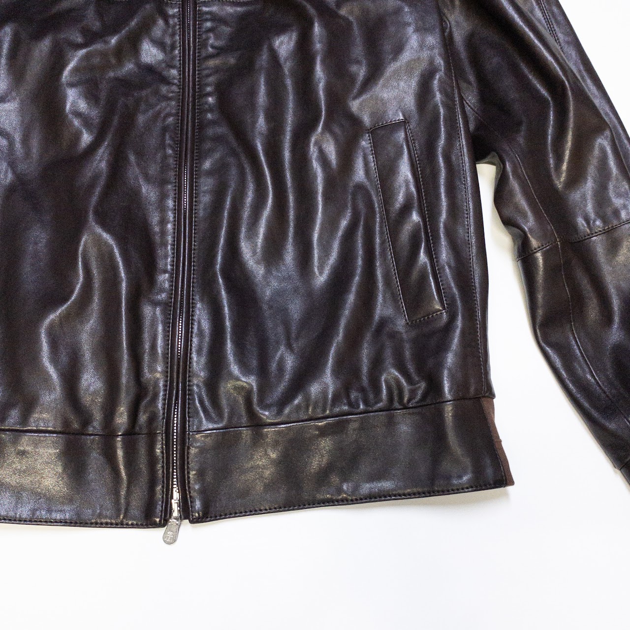 Brunello Cucinelli Brown Leather Bomber Jacket