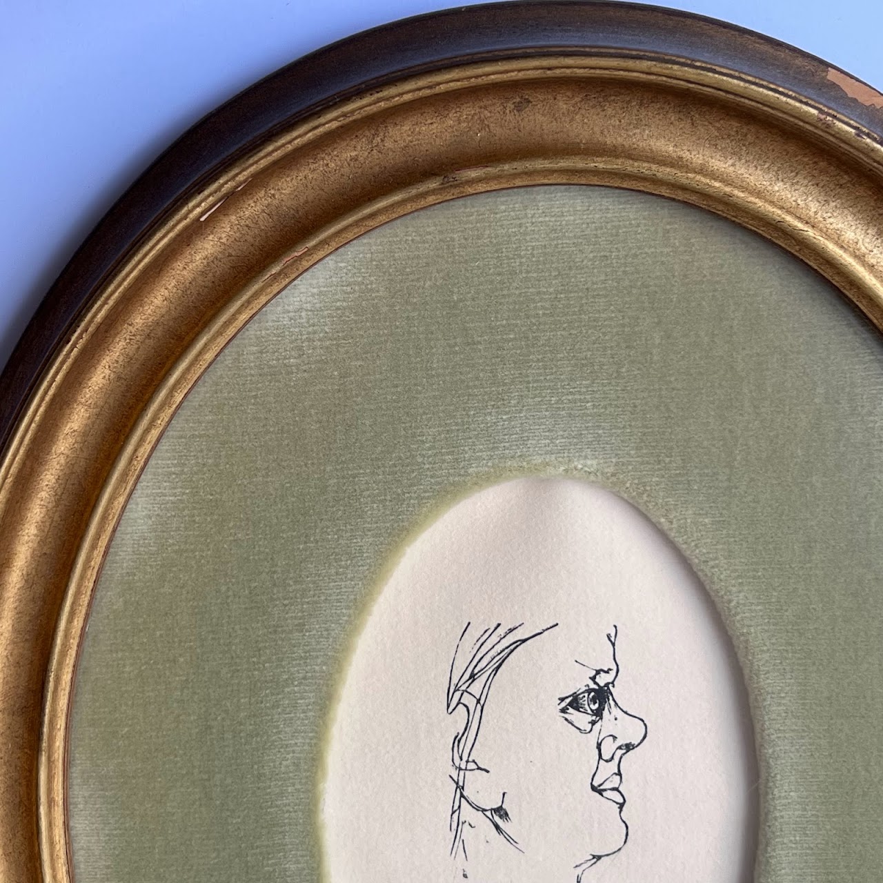 Ink Portrait Drawing in Vintage Oval Frame