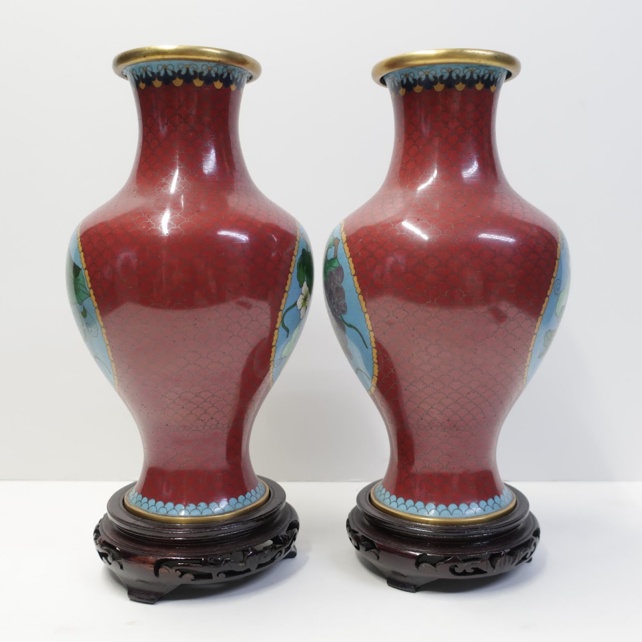 Asian Cloisonné Fruit Vase Pair