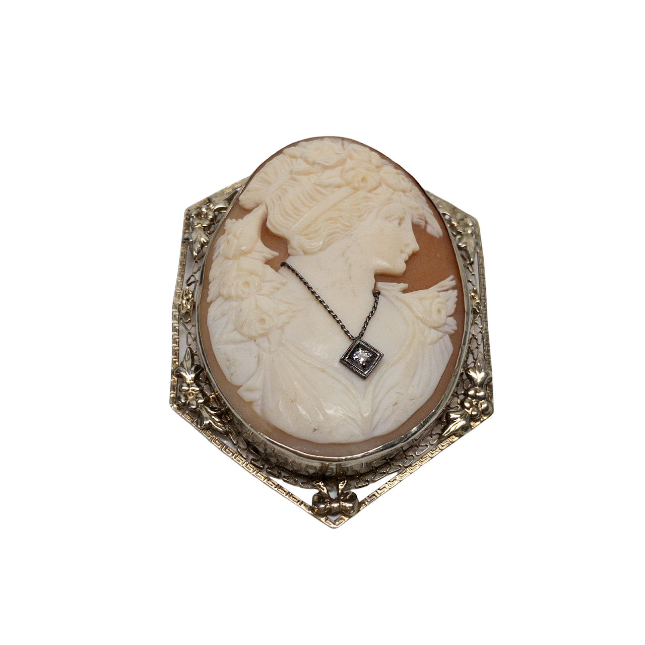 14K Gold & Diamond Cameo Convertible Brooch