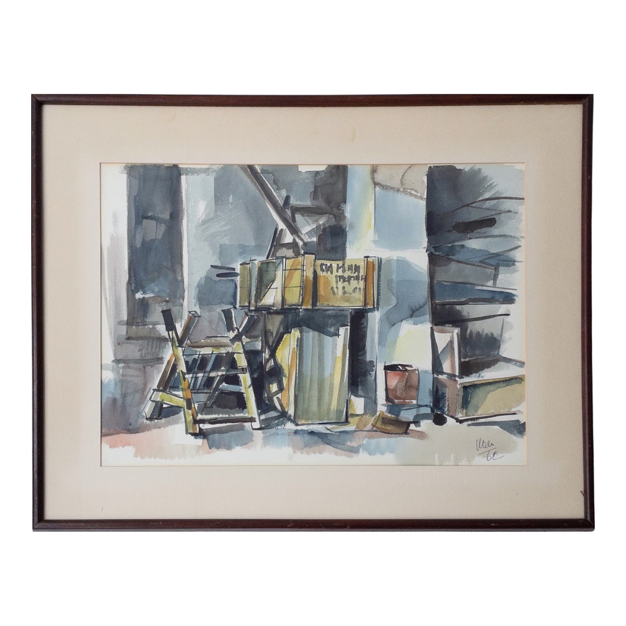 Mid-Century Industrial Signed Watercolor Painting