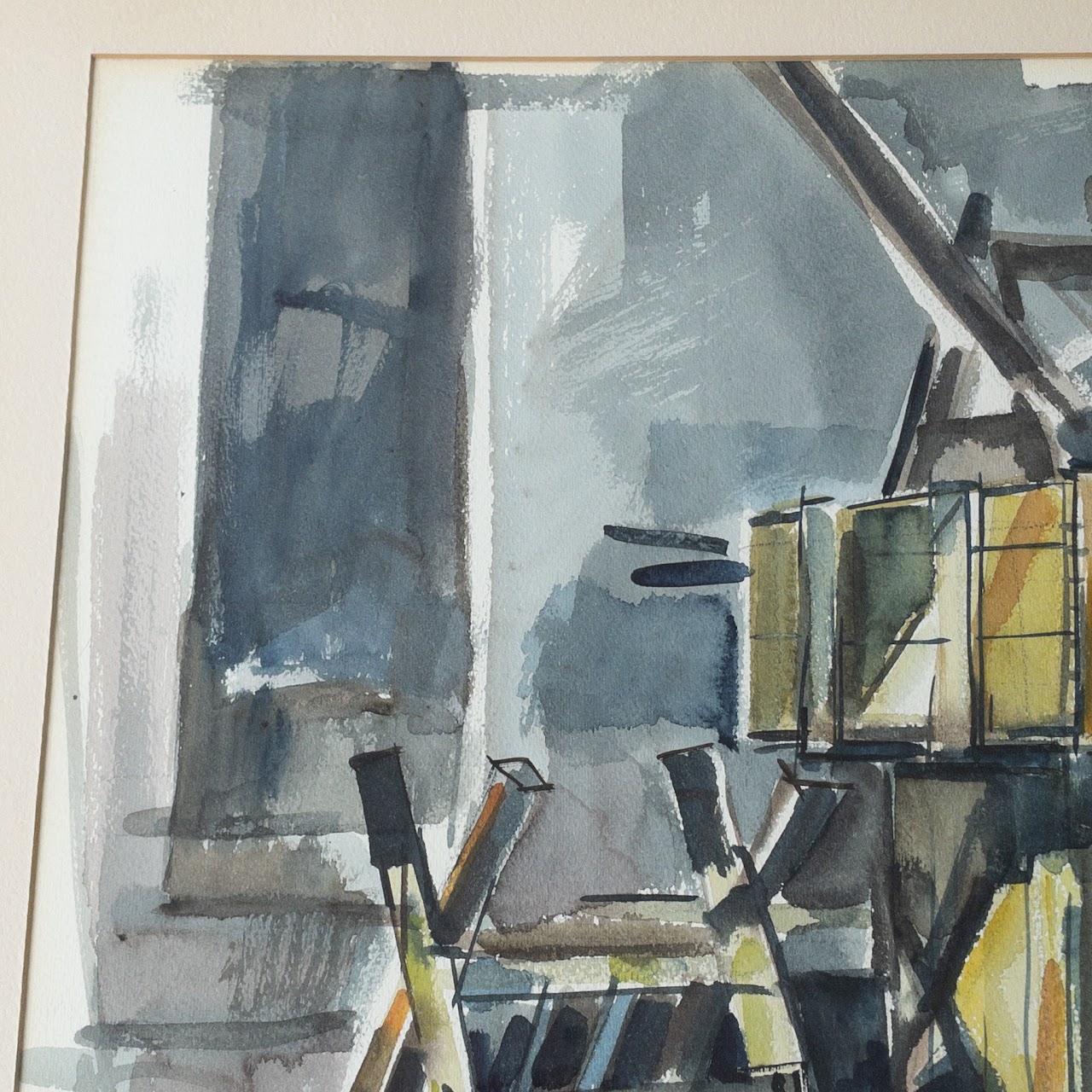 Mid-Century Industrial Signed Watercolor Painting