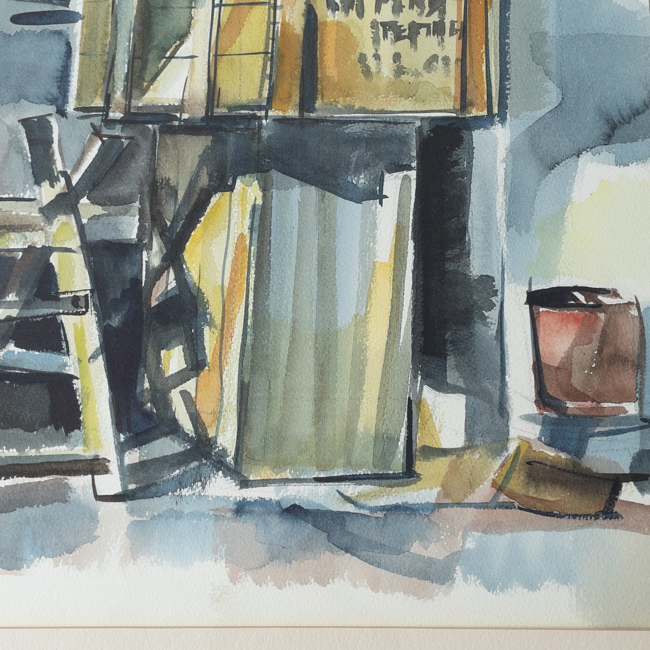 Mid-Century Industrial Signed Watercolor Painting