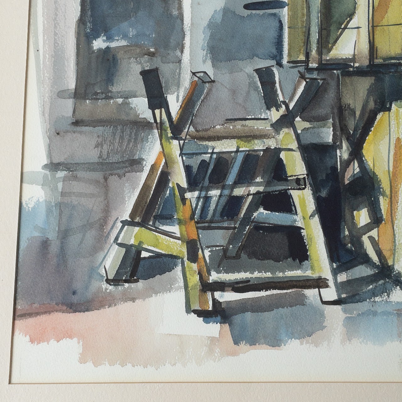 Mid-Century Industrial Signed Watercolor Painting